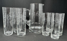 Vintage Noritake Sasaki Etched Bamboo 8pc Set Pitcher & Tumbler Glasses picture