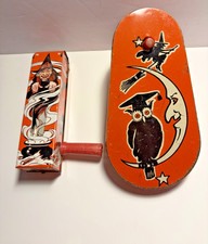 Two Vintage Tin Litho Halloween Noisemakers Kirchhof & U.S. Metal Wood Handles picture