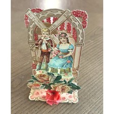 Antique Victorian Pull Down Valentine Card Windmill Boy Girl Die Cut Germany picture