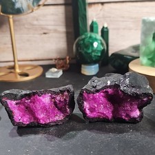 Pink Dyed Quartz Geode Pair Druzy Crystal Cave Half Geode Display Specimen 7oz picture