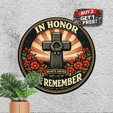 Poppy Cross Memorial Round Metal Sign Patriotic Remembrance Wall Decor Plaque picture