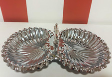 Vintage Silver Tone Double Clam Shell Divided Candy Nut Dish Ornate Handle picture