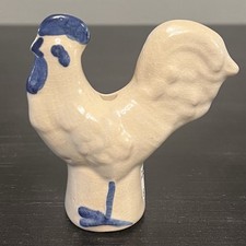 VTG Cobalt Blue Cream Rooster Pie Bird Vent Funnel Heavy Pottery Folk Art 3.5” picture