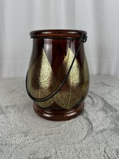 Vintage Teleflora Glass Lantern Cranberry Gold Leaf Print Black Metal Handle picture