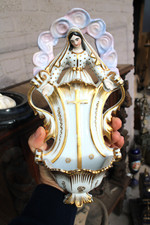 Antique vieux paris porcelain large madonna holy water font religious picture