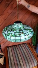 MASSIVE 21” Vintage Arts & Crafts Green Slag Glass Lamp Shade Hanging Lamp  picture
