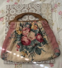 Vintage Nubby Barkcloth Pink Floral Knitting Sewing Bag picture