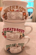 Viral Vintage Recipe Soup Bowls Mugs Cups Set of 3: Tomato, Onion, Mushroom  picture