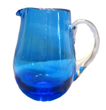 Unbranded Blue Glass Miniature Creamer Pitcher with Clear Glass Handle Vintage picture
