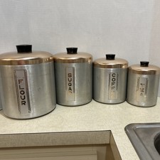 Vintage MCM Set of  4 Spun Aluminum Maid Of Honor Canisters with Copper Lids picture