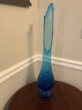 Mid-Century Tall Pedestal Fenton Colonial Blue Hobnail Swung Glass Vase picture