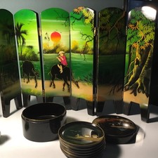 Vtg Tabletop Oriental Lacquer 6 Panel Screen Reversible Colorful Scene Viet Nam picture