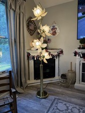 Vintage 76” Lotus Flower Floor Lamp Polished Brass & Frosted Glass Petals picture