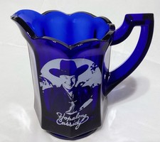 Hopalong Cassidy Cobalt Blue Collectible Glass Pitcher 4” picture