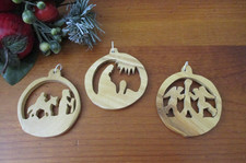 Three Vintage Olive Wood Carved Ornaments + Gift Box picture