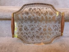 VINTAGE MCM Georges Briard Glass Tray Gold Flowers Teak Handles 12.5