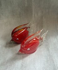 Pair Vintage Hand Blown Art Glass Fish Red Clear Swirl Figurines 4” picture