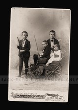 antique photo children siblings & great toys miniature riding wagon / buggy doll picture