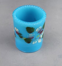 Vintage Hand Painted Blue Custard Glass Toothpick Holder 2