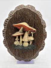 Vtg 1970’s Faux Wood Pressed Foam 3D 9” Mushrooms Wall Decor Plaque MCM picture