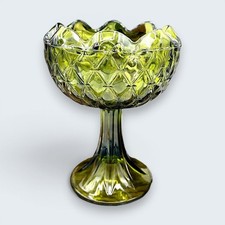 Indiana Glass Green Diamond Point Pedestal Compote Bowl Mid Century 9x7 picture