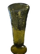 Vintage Indiana Glass Tall Footed Vase Harvest Grape pattern in Colony Green 8” picture