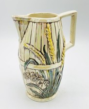 Antique Majolica Jug Pitcher Harvest Wheat Barrel Decor Raised Relief Signed 7” picture