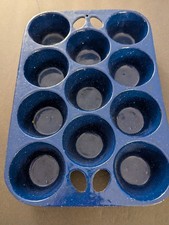 Unmarked Griswold Enameled Cast Iron Muffin Pan Blue with White Speckels picture