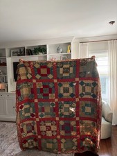 Antique Handmade Patchwork Quilt Red Calico Plaid Farmhouse Primitive Folk Art picture
