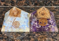 Lot of 2 Orgonite Crystal Pyramids Amethyst Opalite Copper Coil Tree of Life picture