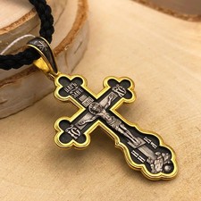 925 Silver 999 Gilding Black 3mm Silk Blessed Cross of the Crucifixion of Christ picture