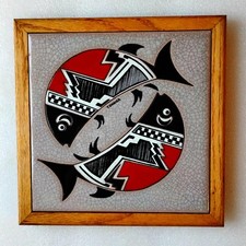 Vintage  Steve Tongier Southwestern Tile Art Fish Design In Wood Frame 9 x 9 In. picture
