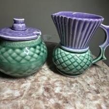 Scottish Highland THISTLE CERAMIC Creamer And Sugar With Lid Rare picture