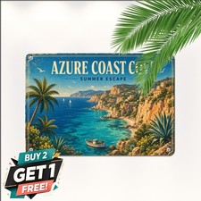 Mediterranean Blue Lagoon Cliffs Coastal Travel Scene Plaque Metal Tin Sign picture