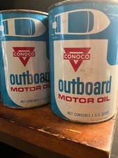 Two 1950’s era conoco OUTBOARD MOTOR OIL Metal Tin Cans full 1 qt picture