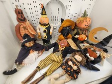 Lot 8 Primitive Vintage Style Halloween Plush Decor Folk Art Witches Pumpkin etc picture