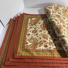 Vtg Paisley Placemat Set 8 Fall Olive Rust Gold Brown Cotton Reversible 19x13” picture