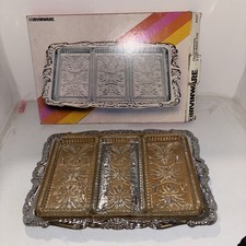 Vintage IRVINWARE PRESSED GLASS & CHROME 3 DISH RELISH TRAY 13 5/8 x 9 3/8 picture