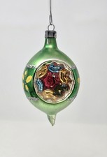 Vintage Glass Christmas Ornament Green Indent Reflector Hand Painted 3