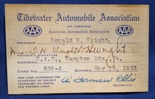 Vintage 1933 Tidewater Automobile Association Member Card Norfolk Virginia  picture