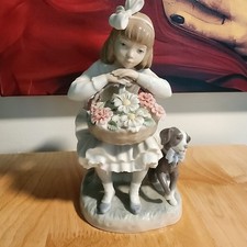MINT Retired LLADRO Girl with Flowers # 1088 Girl w Flower Basket & Dog picture