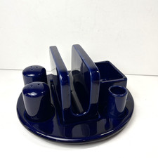 Vtg Cobalt Blue Ceramic Condiment Set & Tray MCM Style 6 Pcs picture