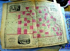 ANTIQUE LOVELY COLORED LARGE MAP STATES OF MISSOURI AND KANSAS 1864 picture