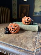 Vintage NORCREST Pumpkin Jack Black Cat Candle Holders Halloween PAIR picture
