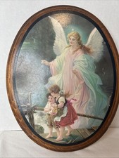 VTG Guardian Angel Children on Bridge Oval Wood Hanging Wall  Frame Plaque 9x11 picture