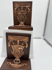 Vintage Collegiate Book Ends Brass And Wood Wilfred Laurier University Insignia picture