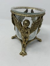 VTG BRASS PEDESTAL W/ CHERUBS CAN HOLD CRACKLE GLASS BOWL W/ CANDLE NOT INCLUDED picture