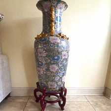 Large Chinese Floral Porcelain Vase with Gilt Dragon Handles & Wood Stand picture
