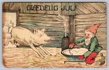 c1910 postcard GLAD YUL ELF/LAD stirs pot in barn, pig guest picture