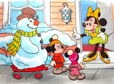 Mickey MINNIE MOUSE WALT DISNEY ORIGINAL BACKGROUND + CEL for BOOK snowman wagon picture